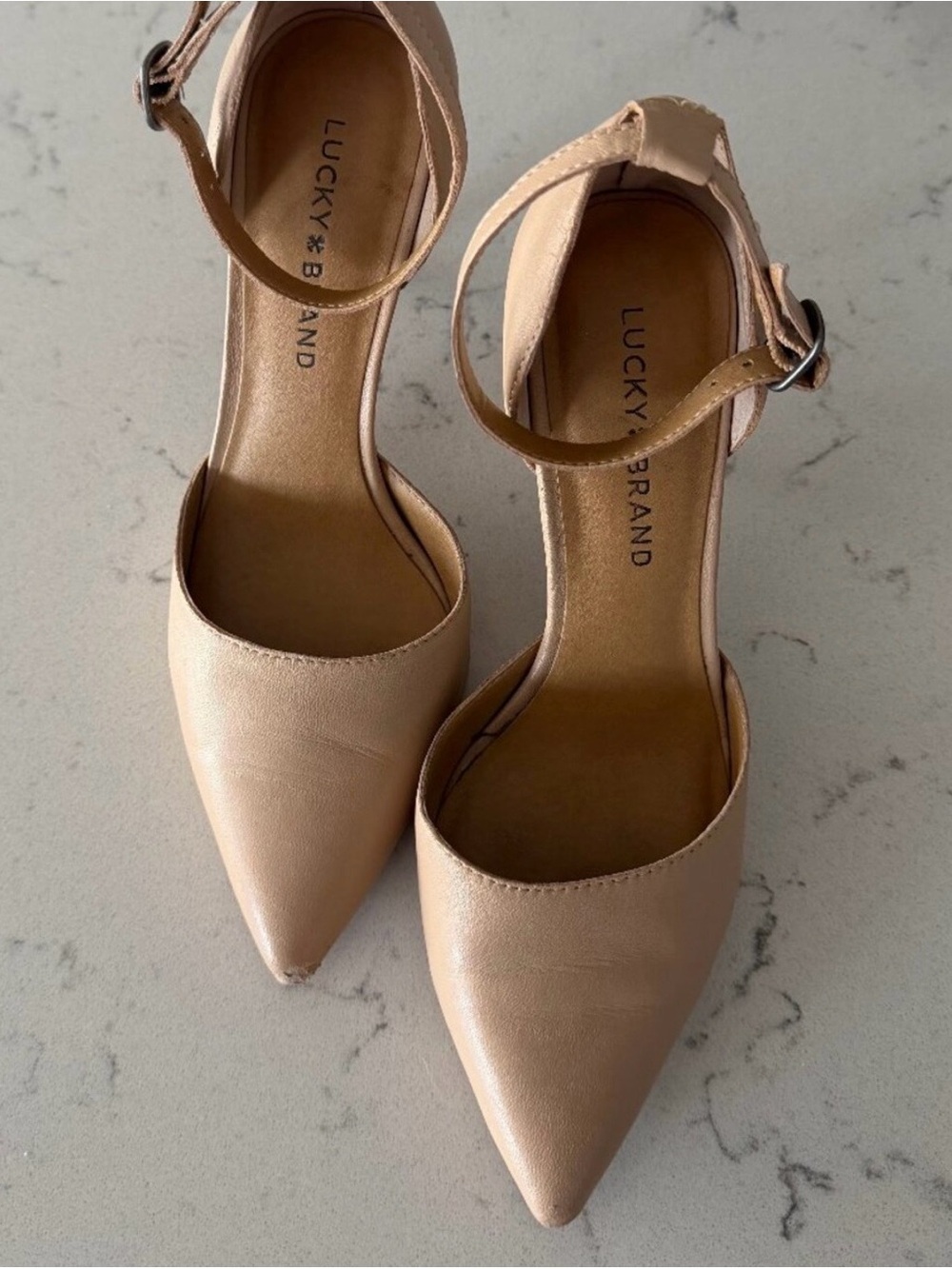 Lucky Brand Nude Leather Ankle Strap Heels Pointed Toe Size 7